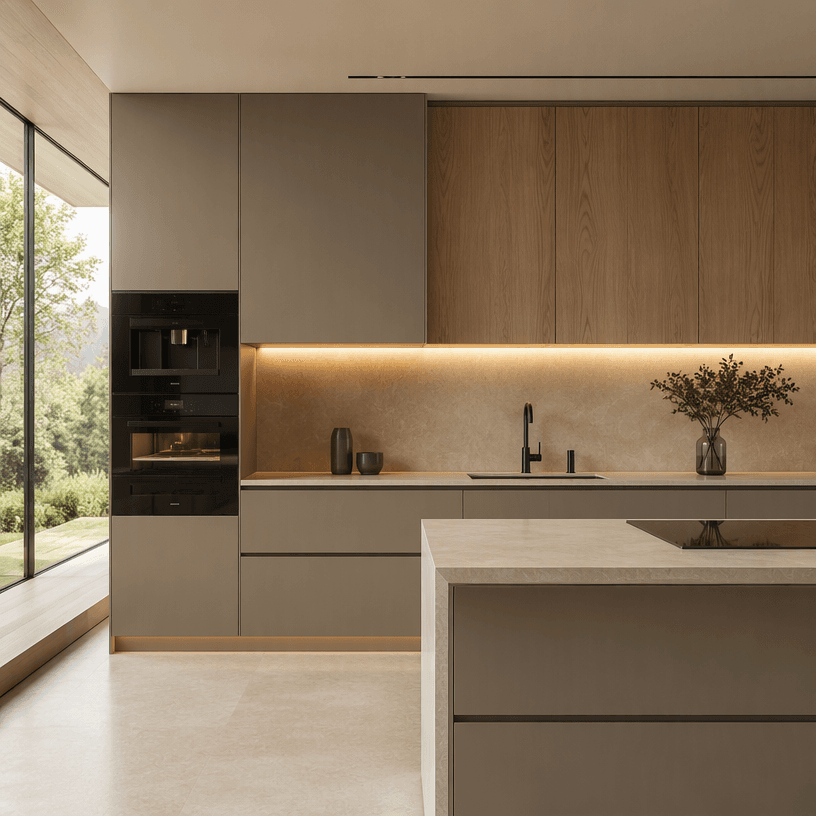Modern kitchen with matte cabinets, oak upper cabinetry and under-cabinet lighting