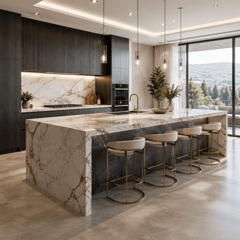 Marble waterfall kitchen island with gold veining and dark wood cabinetry