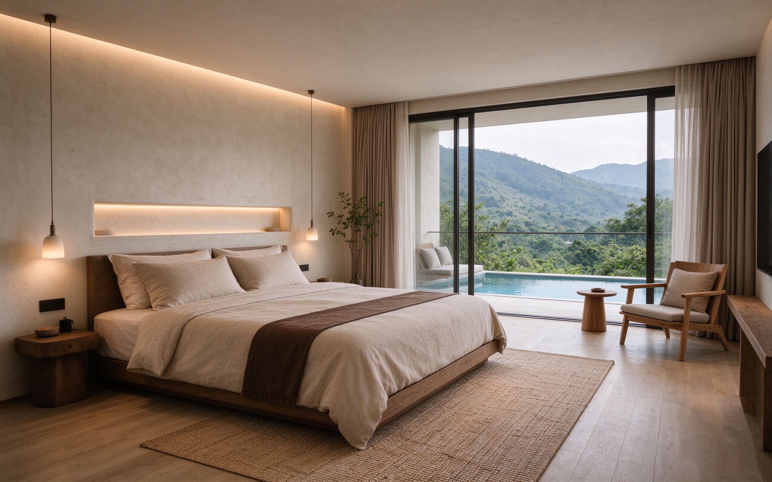 Villa master bedroom with a king bed opening onto a private pool deck