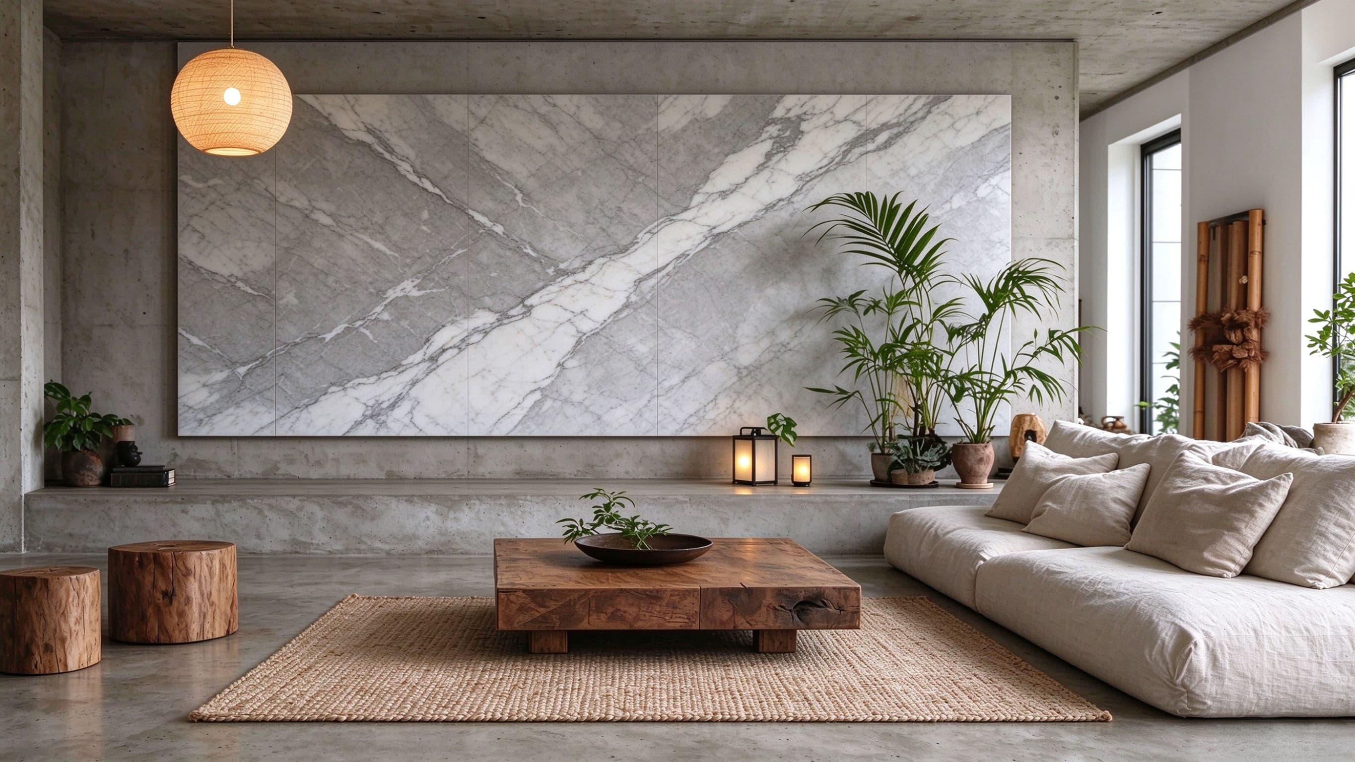 Lounge interior with a grey marble feature wall and cream sofas