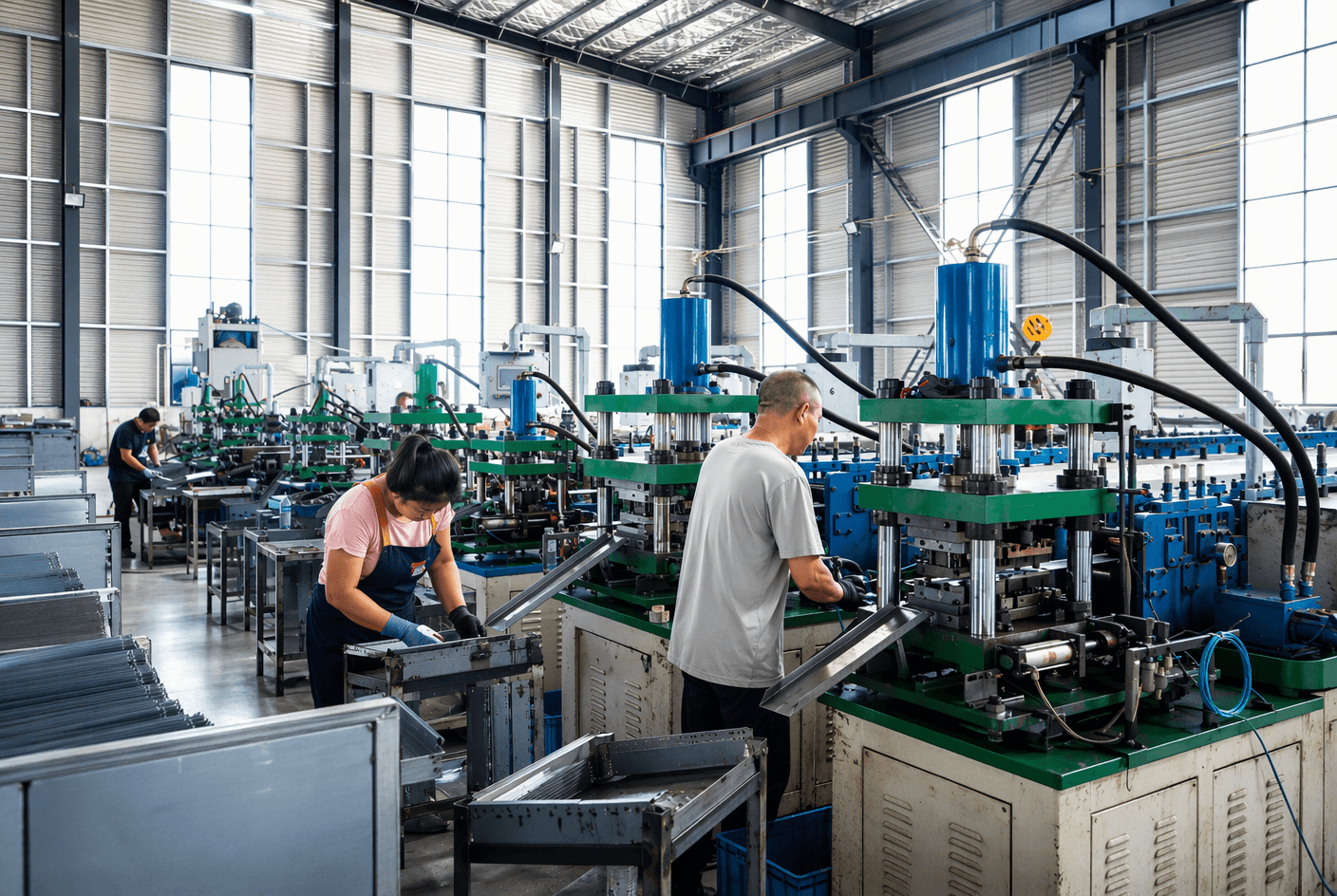 Workers operating punch press machines on our factory floor