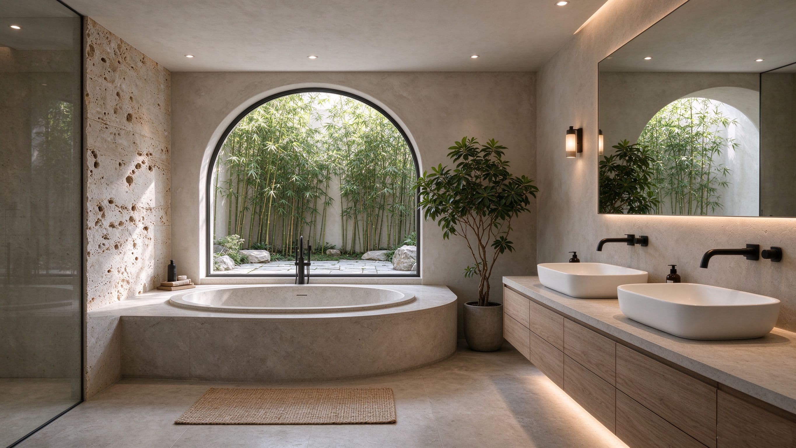 Modern bathroom with a freestanding bathtub and an arched window over a bamboo garden