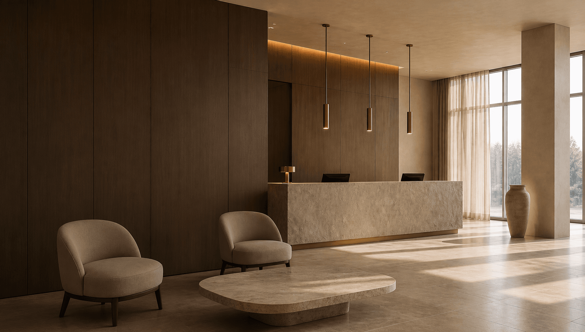 Warm hotel lobby reception with a travertine desk and wood panelling