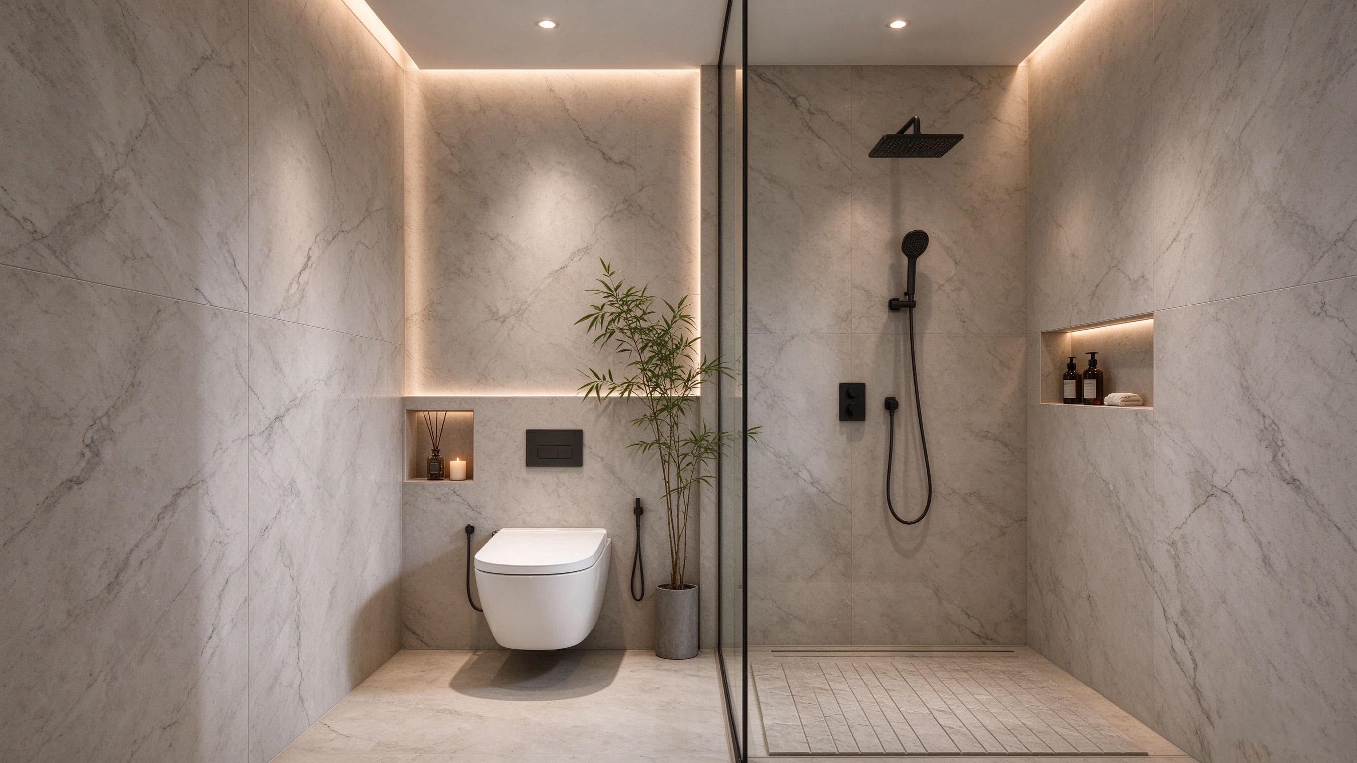 Walk-in shower bathroom with marble wall panels
